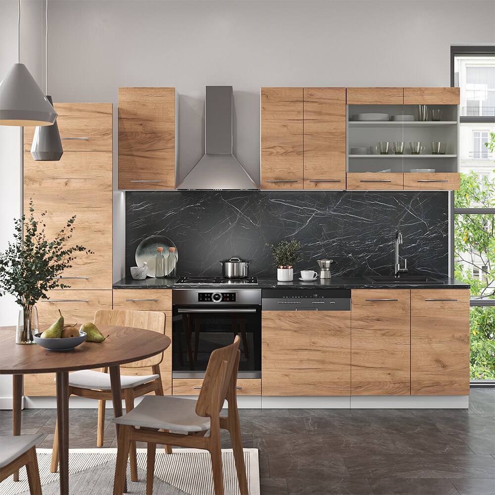 Vicco Küchenzeile Küchenblock Einbauküche Fame-Line Weiß Eiche 300 cm modern Küchen Schränke Schubunterschrank Herdumbauschrank Spülenunterschrank Hängeschrank Kühlumbauschrank Geschirrspülerblende