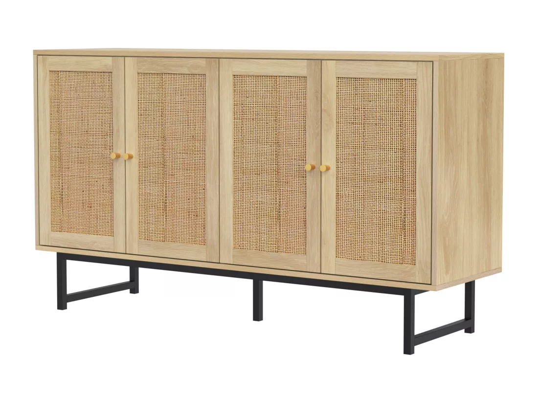 Buffet avec 4 portes en rotin - 140 x 39,5 x 80 cm - Panneau de particules - Coloris bois