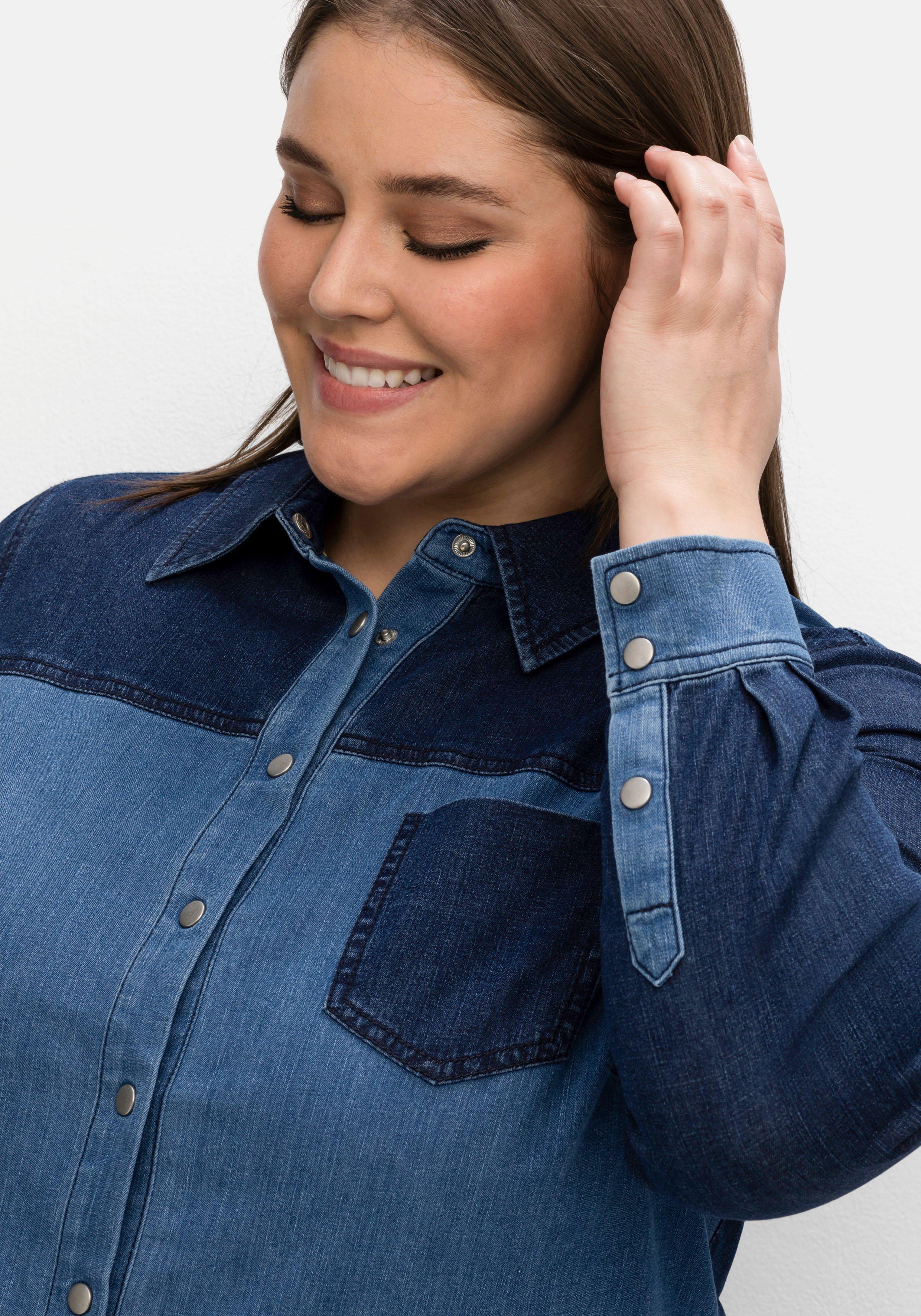 Jeansbluse im Colourblocking, leicht tailliert