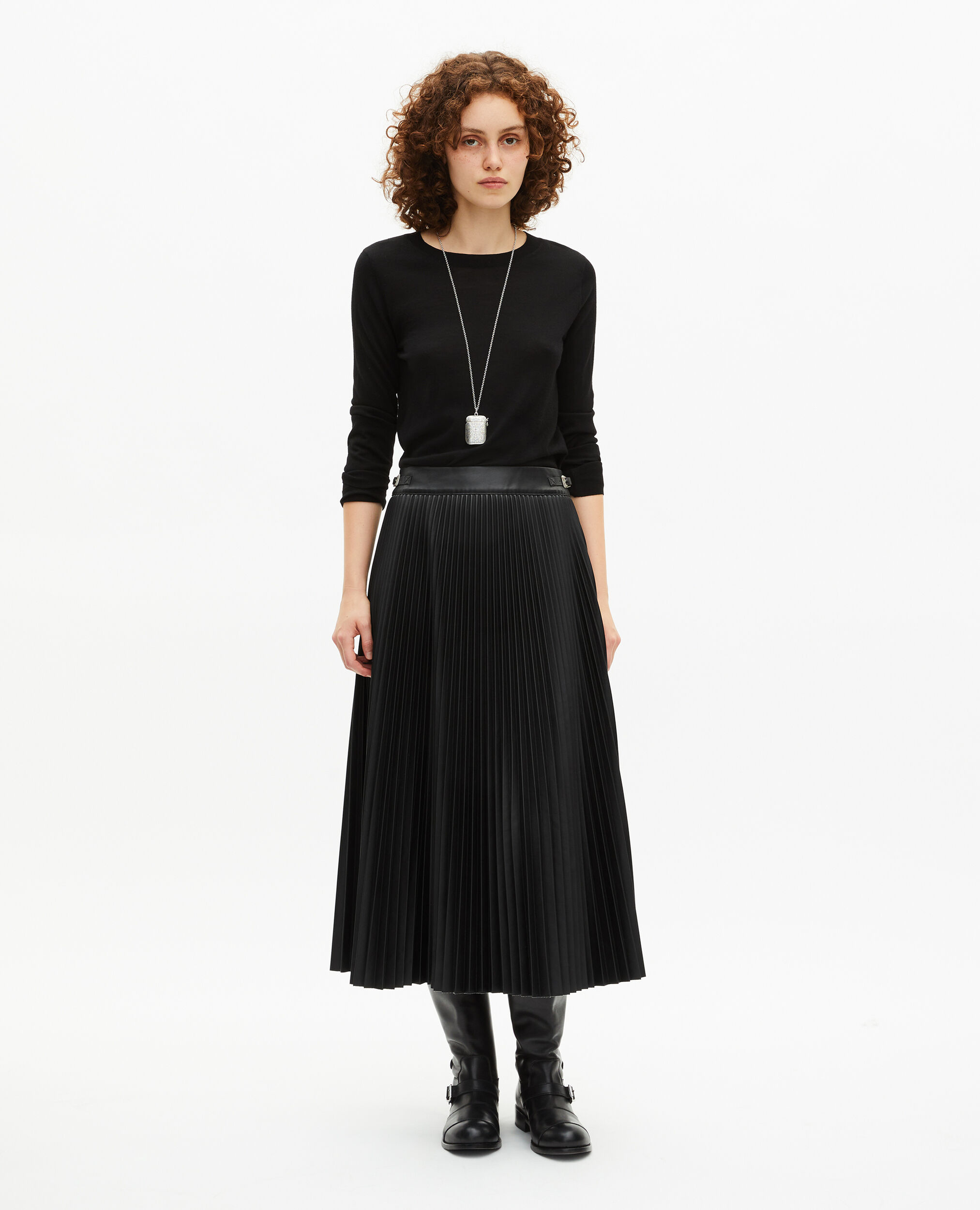 Jupe longue plissée effet cuir noire
