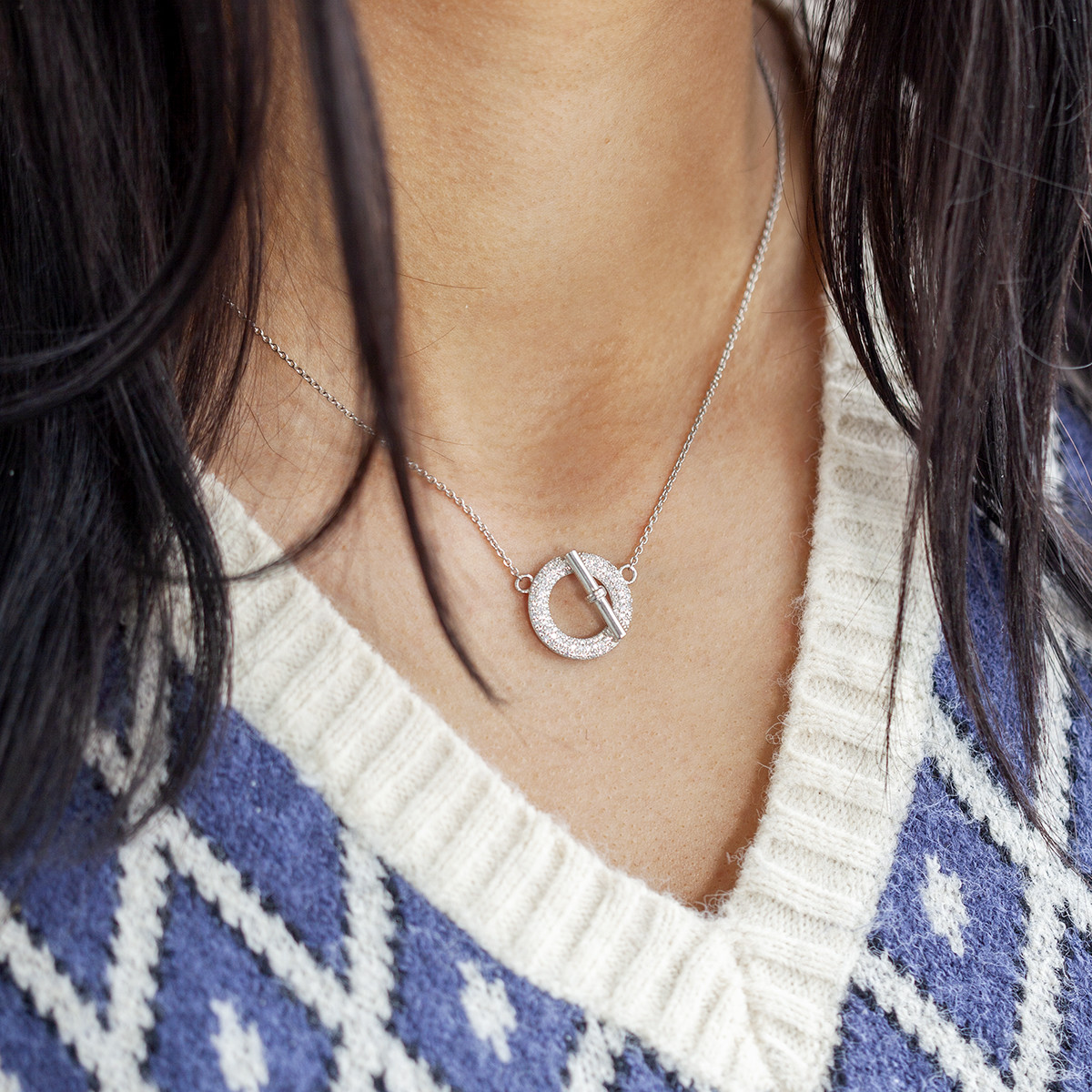 Collier argent 925 motif fermoir T/bar serti de zirconias 42 à 45 cm
