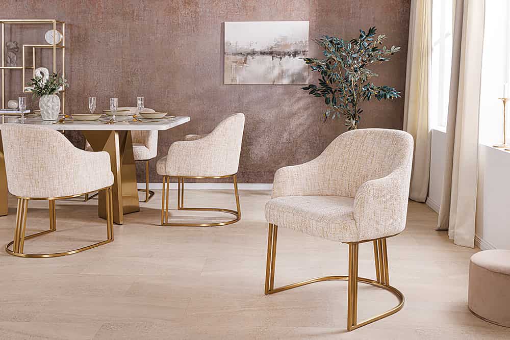 Armlehnen Stuhl EXTRAVAGANCIA beige Chenillestoff brushed champagner gold Metall