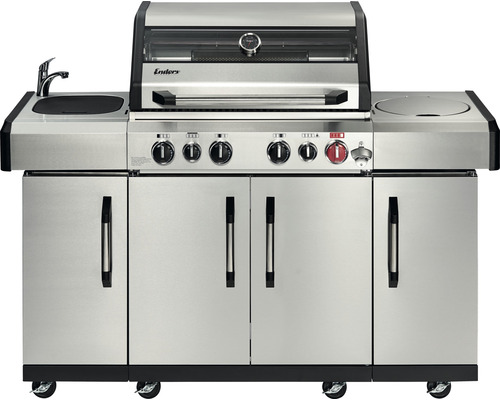 Enders Kansas II Pro 4 SIK Profi Turbo gasbarbecue, 153 x 64 x 118 cm, 4 branders + achterbrander + zijbrander, zilverkleurig, inclusief dekselthermometer, vetopvangbak, grillrooster, krachtige verwarmingszone, warmhoudrek, zijplateau.