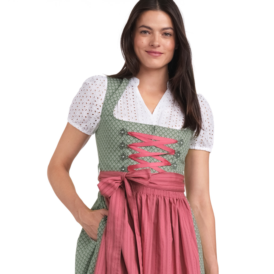 Gina Benotti Damen Dirndl mit Allover-Muster dunkelgrün / rosa