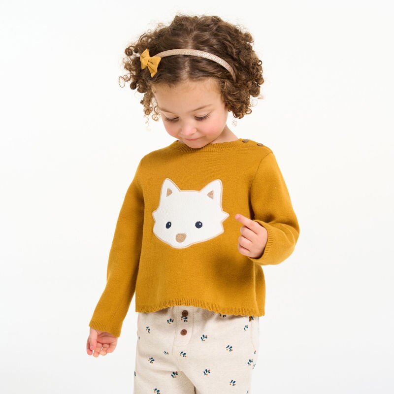 Pull maille tricot animal brodé jaune bébé fille Jaune