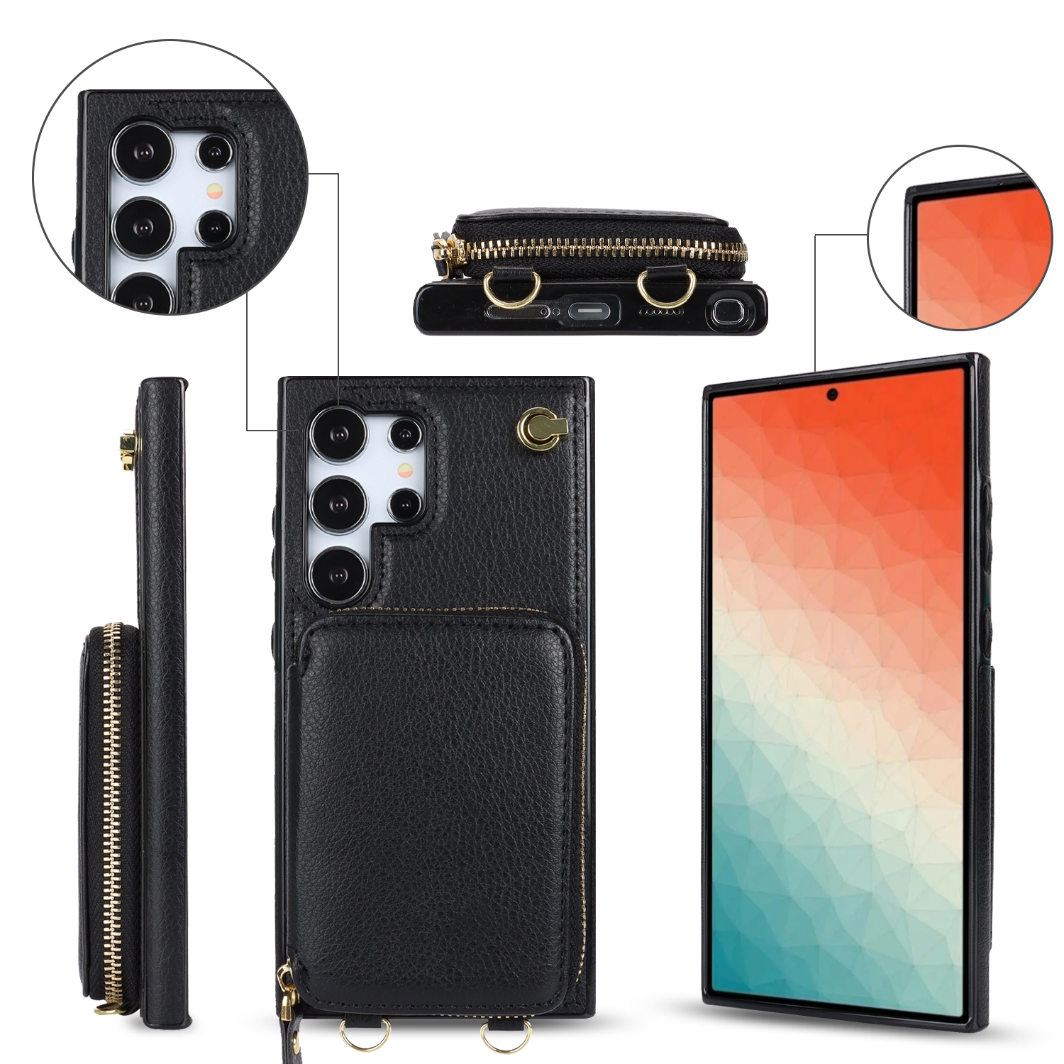 Samsung Galaxy S24 Ultra Necklace Leder Schutz Hülle mit Kartenfächer   Handykette (140cm) - Schwarz