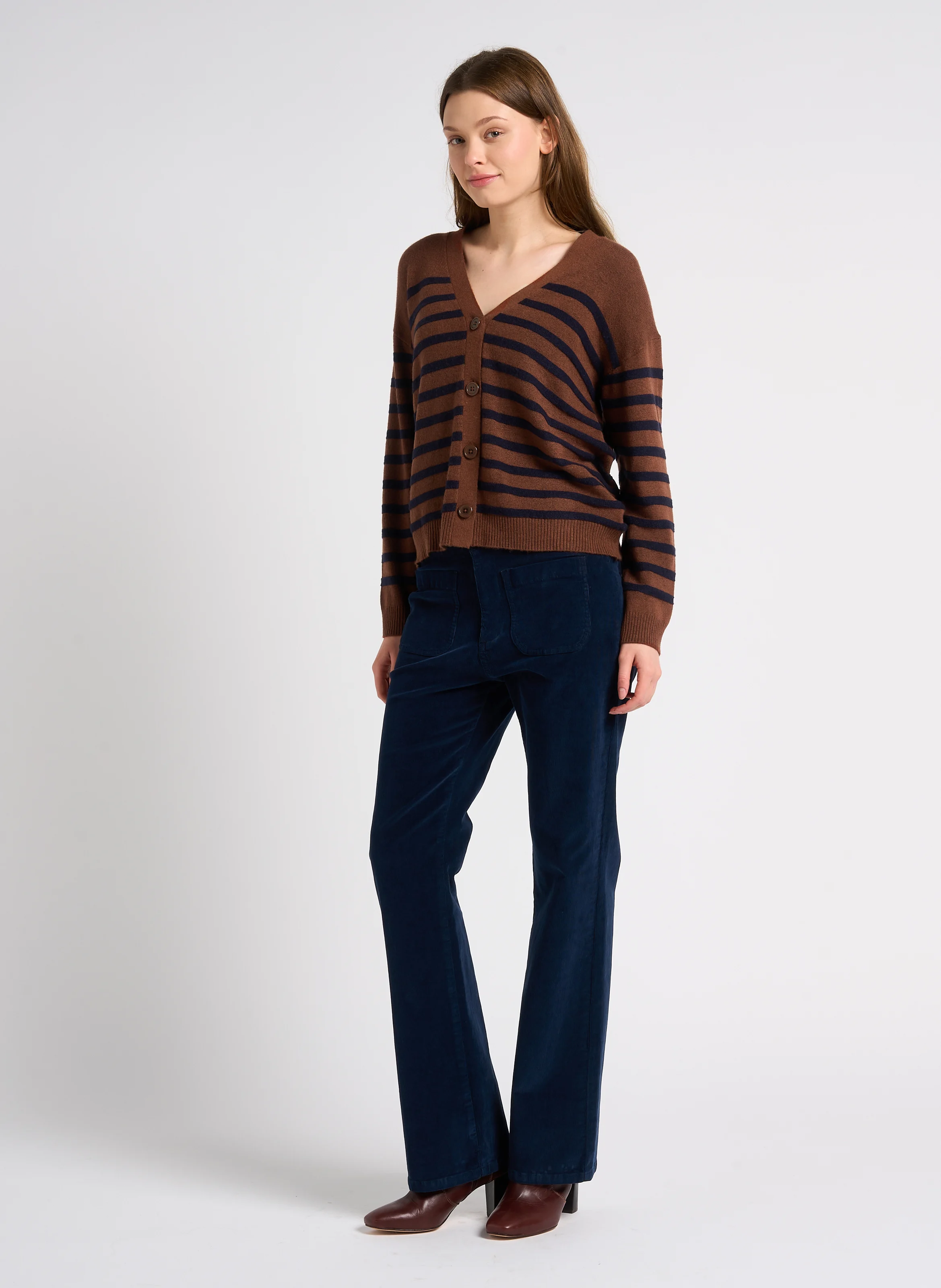 Gilet droit col V à rayures | Marron
