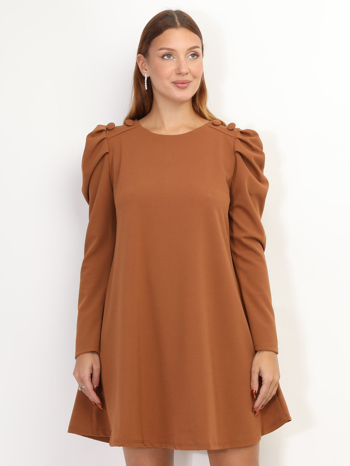 Robe droite à manches gigot- Marron
