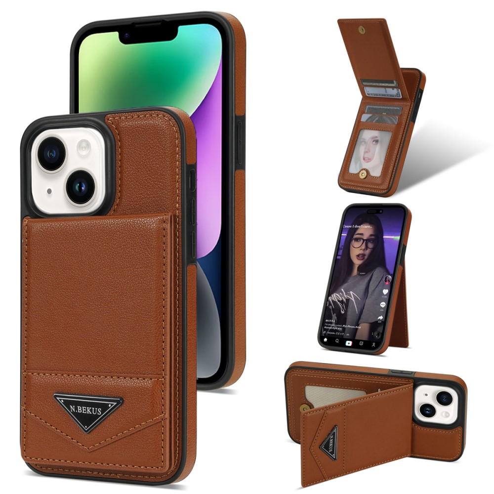iPhone 14 Hybrid Leder Hardcase Hülle mit Kartenfächer mit Aufsteller (RFID Schutz) - Braun