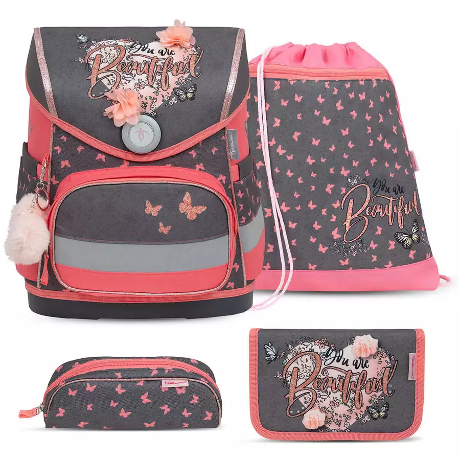 Belmil Schulranzen Compact Schulranzen Set 4-teilig mit Brustgurt Bloomy Blossom