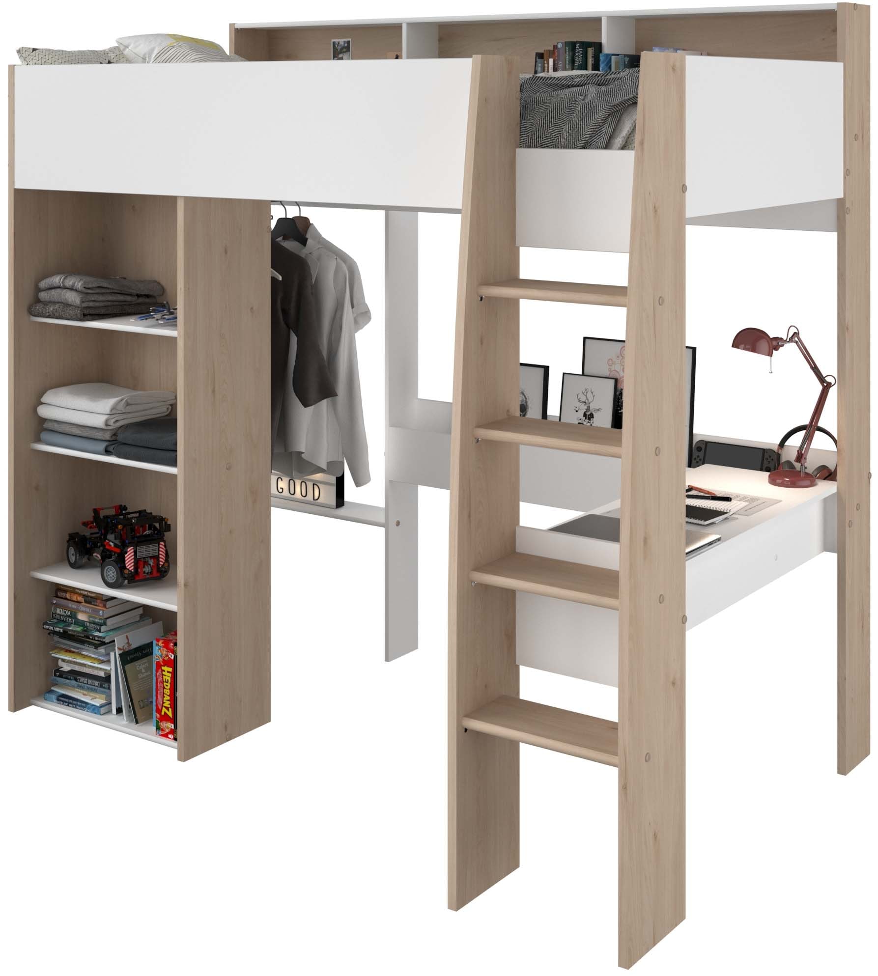 Parisot Hochbett »Shelter 11« 1 Stk. tlg. integrierter Schreibtisch, Leiter, Regal, Kleiderstange, Ablagen