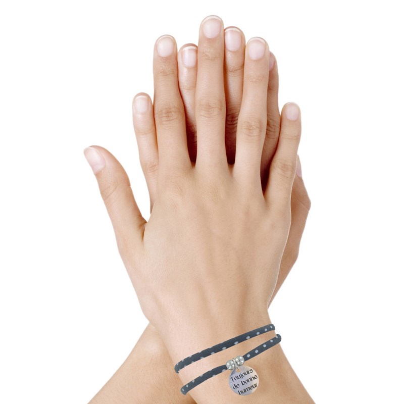 Bracelet Double Tour Lien Liberty et Médaille Toujours de Bonne Humeur Argent - Gris