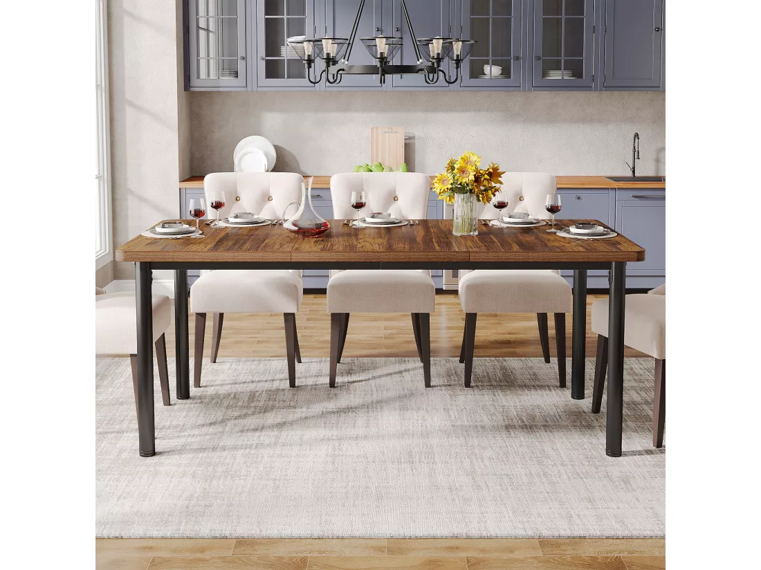 Table à manger de 180 cm avec pieds en métal épais, Grand bureau d'ordinateur, Table de travail pour l'écriture à domicile, le travail, le bureau à domicile, le salon, marron rustique
