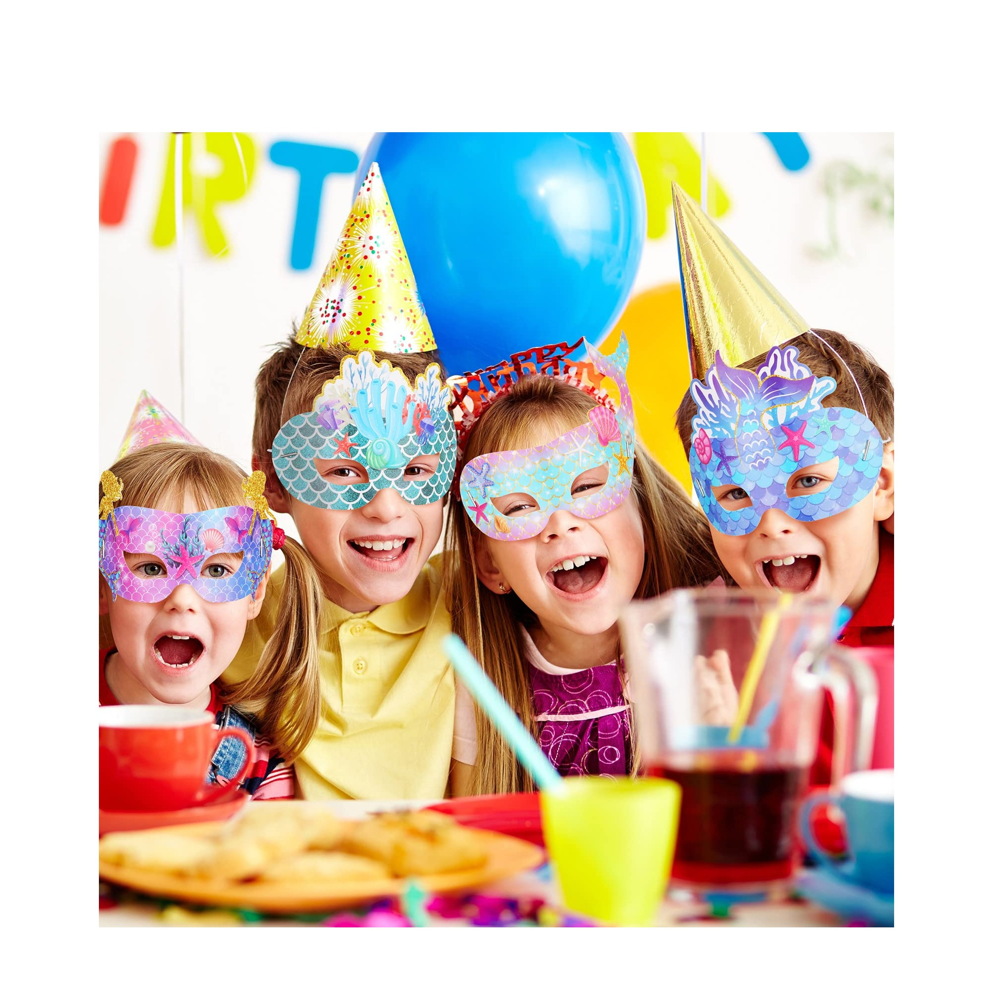 (12er Set) Papier Masken Kinder Fasnachts Kostüm Zubehör Motto Party Accessoire Geburtstag Foto Requisite - Meerjungfrau