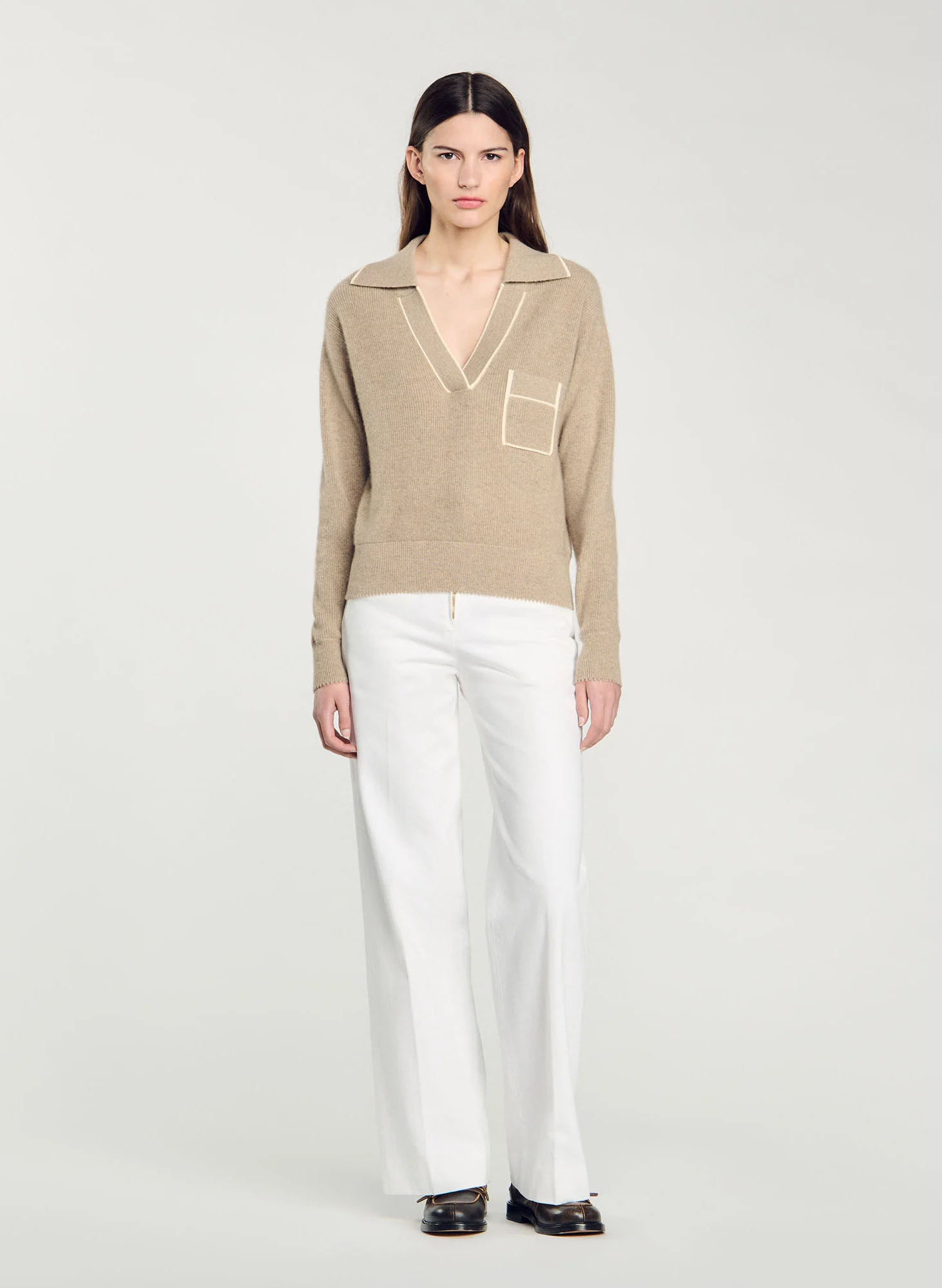 Pull col polo en laine et en cachemire mélangés | Beige