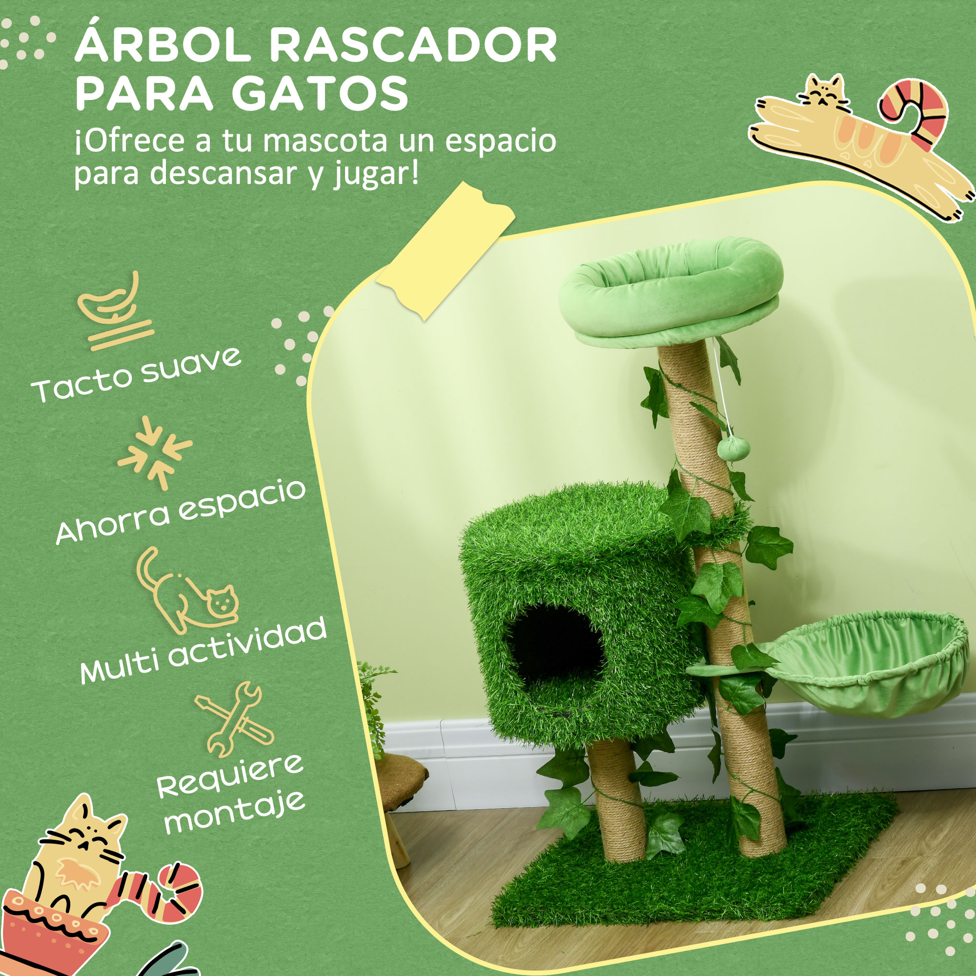Arranhador para Gatos PawHut, Torre de 91cm para 1-2 Gatos com Casinha, Cama, Rede, Poste de Juta e Bola Pendurada, 50x40x91cm, Verde