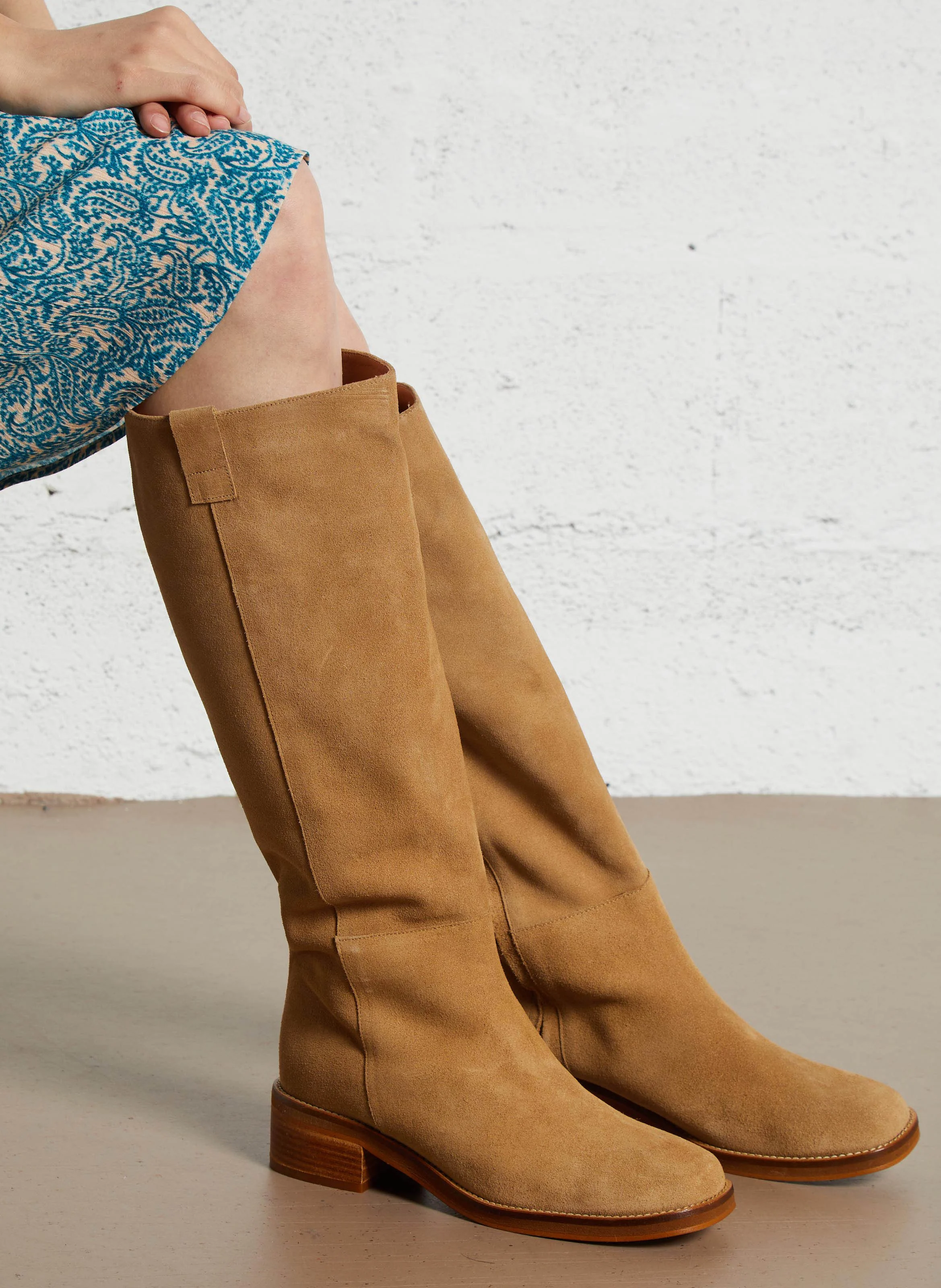 ROMANE - Bottes hautes en cuir velours | Beige