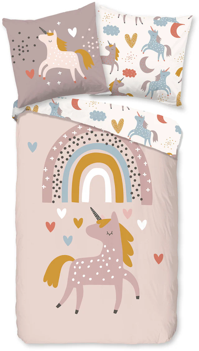 good morning Kinderbettwäsche »Unilove« 2 Stk. tlg. Baumwolle, 135x200, Reissverschluss, Wende, Kind Mädchen, Einhorn, Rosa