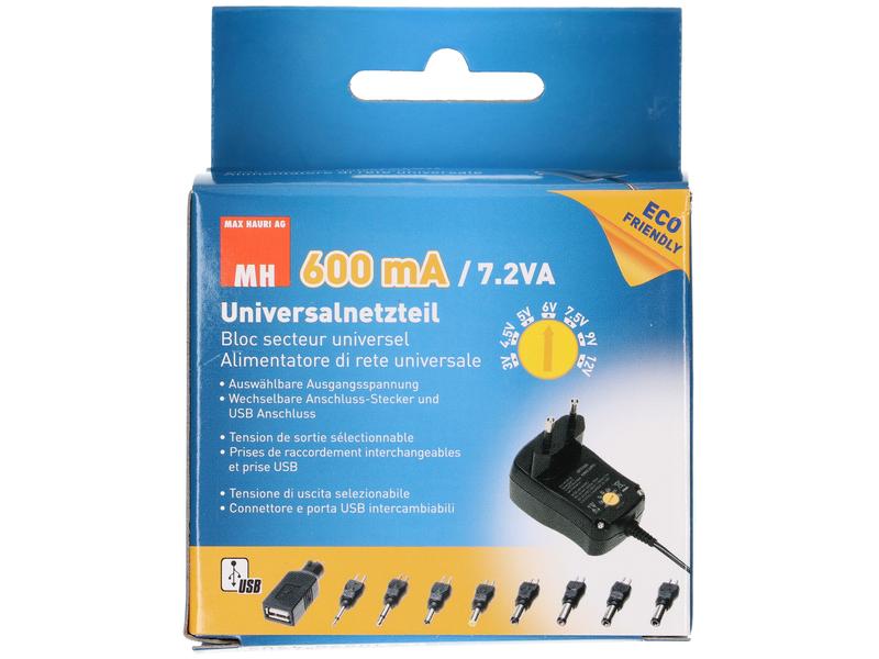 Max Hauri Steckernetzteil Universal 10 W, 3 - 12 V, 600 mA Universal-Steckernetzgerät mit 9 verschiedenen Anschlusssteckern
