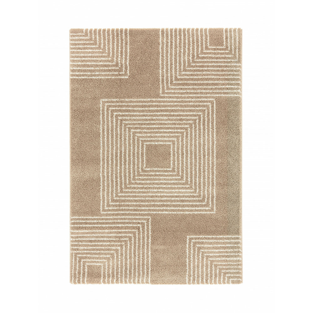 Tapis salon, chambre, cuisine beige/marron à poils longs shaggy doux motifs géométrique blanc 100x150cm