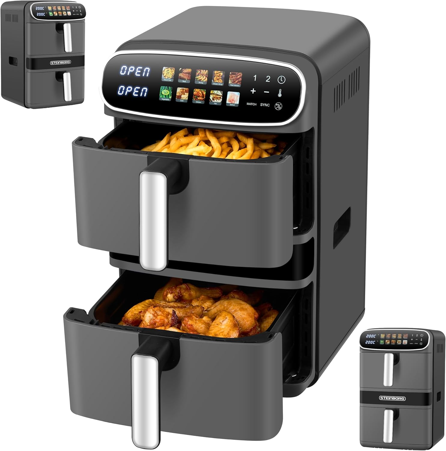 Steinborg® Heißluftfritteuse XXL 12 Liter Doppelkammer Heißluft-Frittieren Heissluftfritteuse 2 vertikale Schubladen 6L+6L Grillen Backen Dörren Frittieren Fritteuse ohne Öl Heißluftofen