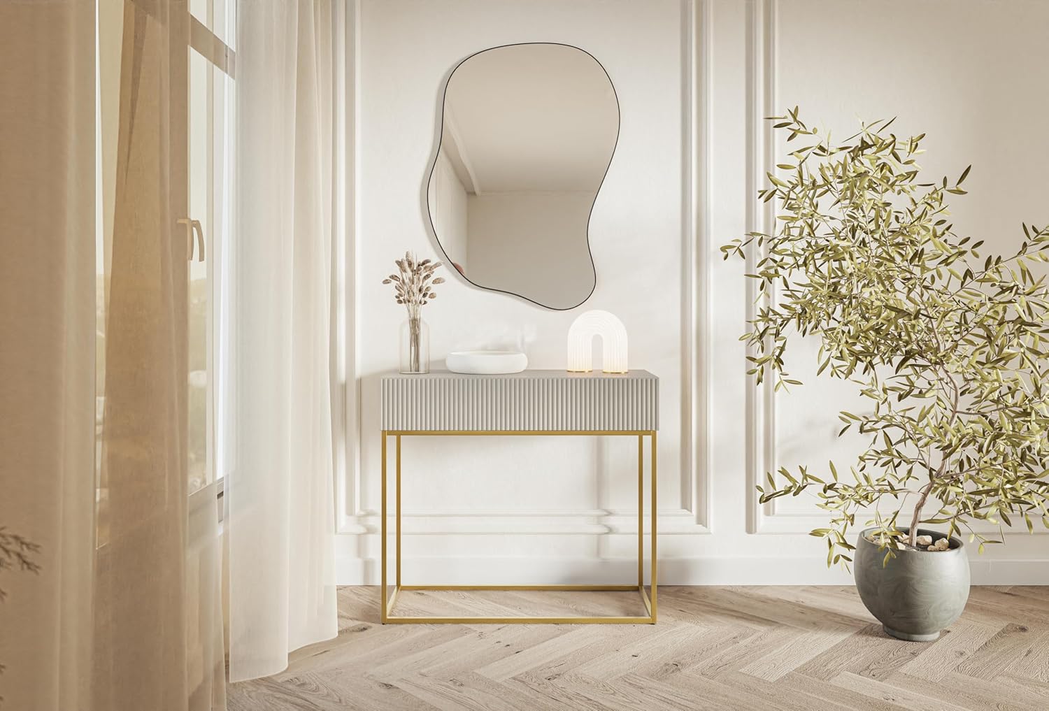 Selsey Konsolentisch Mit Schublade Beistelltisch 90 cm Eingangstisch Konsole Schminktisch Veldio Graubeige Goldene Beine