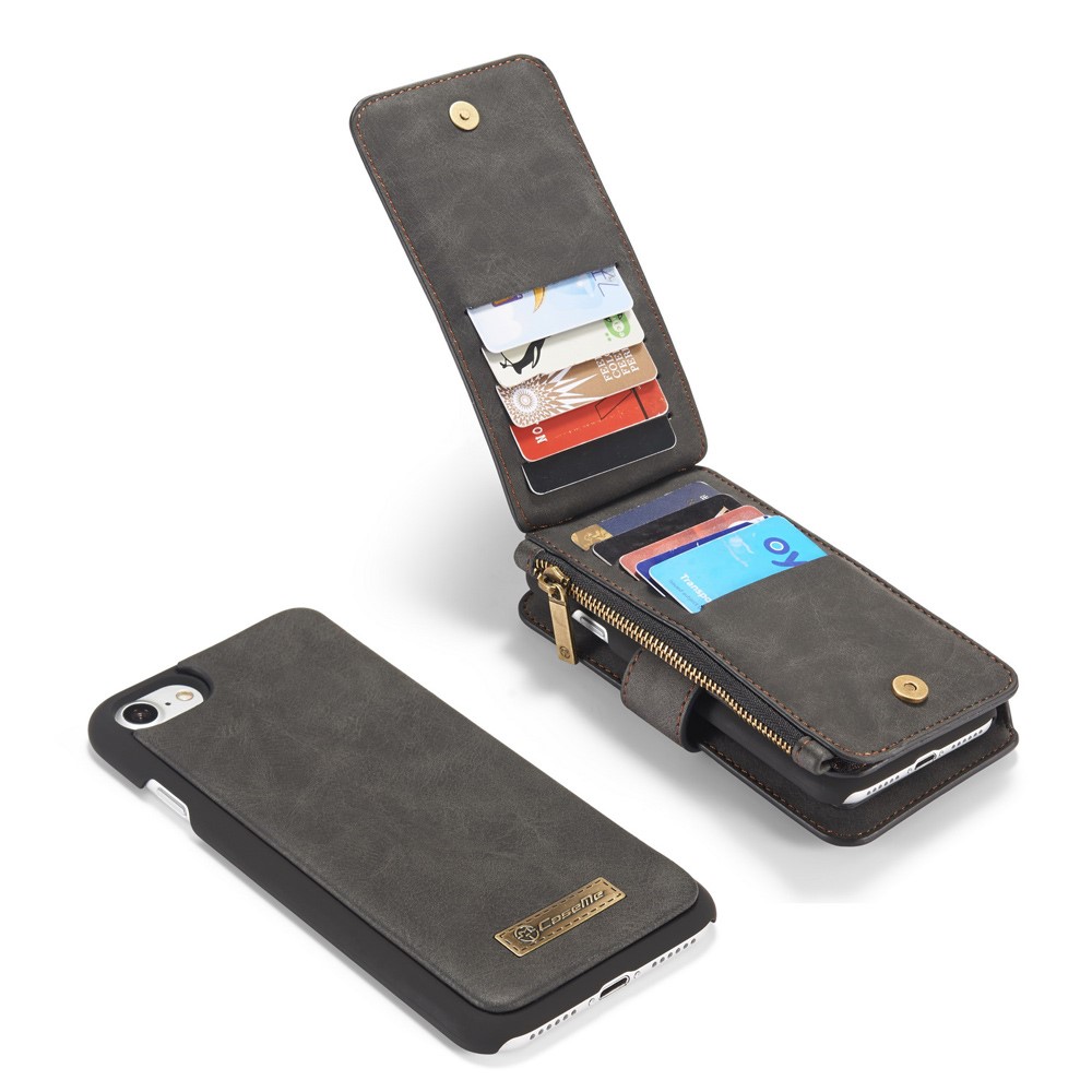 iPhone SE (2022/2020) / 8 / 7 3in1 Leder Tasche   Magnet Hardcase und Karten Etui (Vertikal Ausklappbar) - Schwarz