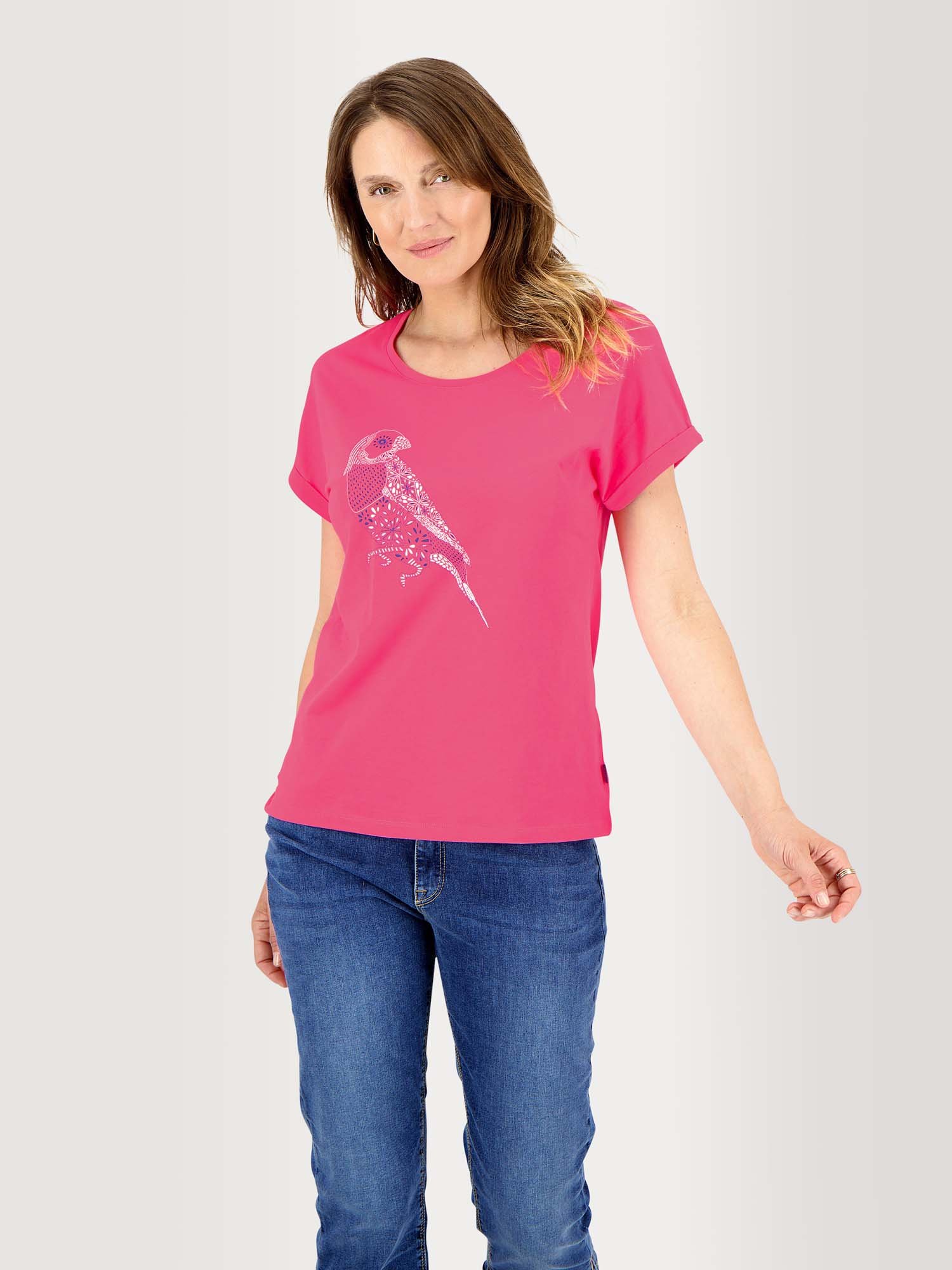 Tee Shirt Femme Coton Biologique Motif Perroquet Fuschia