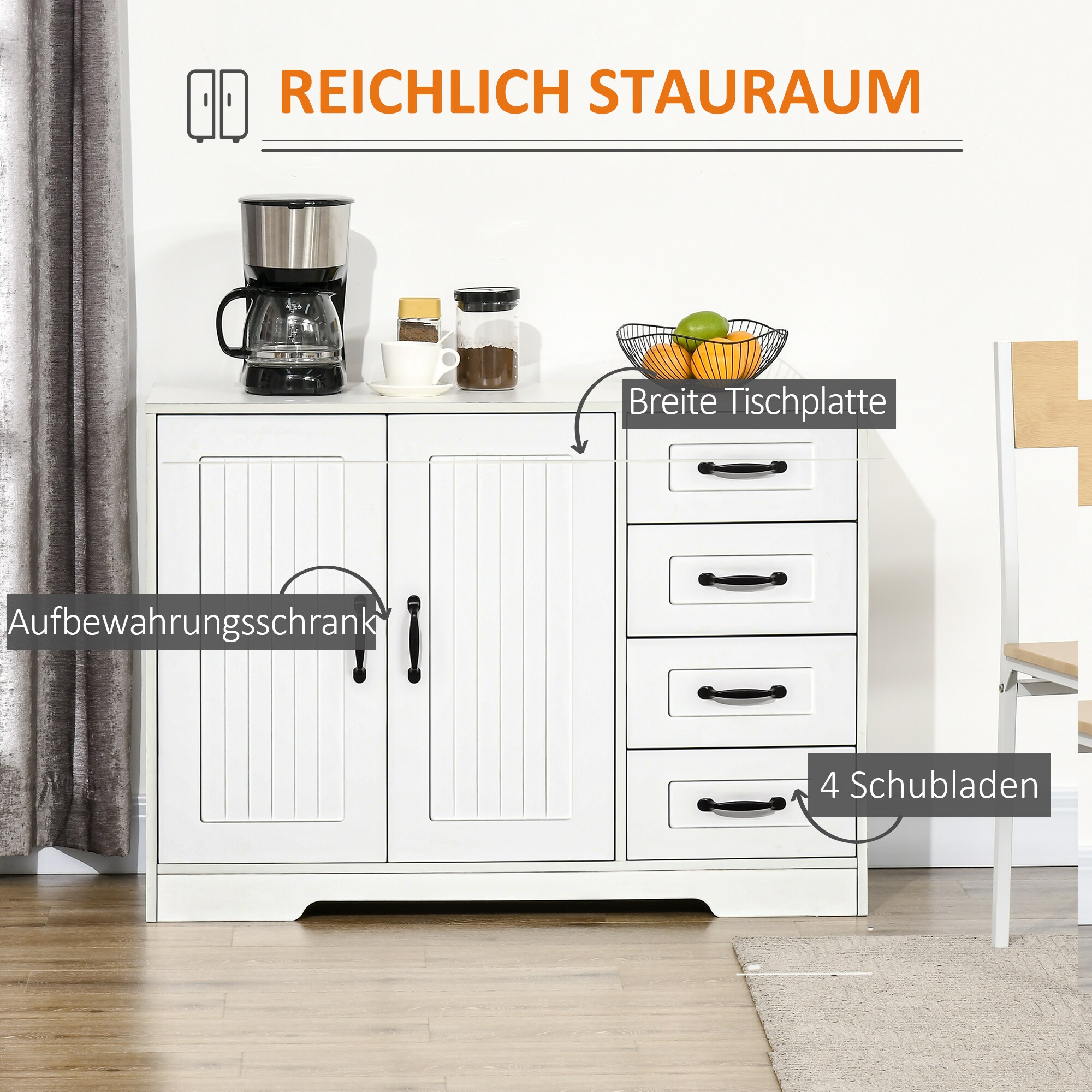 HOMCOM Aufbewahrungsschrank mit 4 Schubladen weiß 105L x 40B x 76H cm
