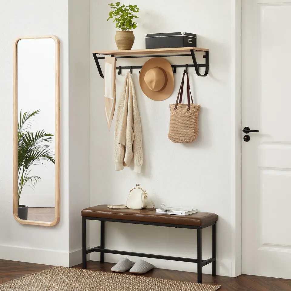Hangende Kapstok voor Muur of Wand - 8 Haken en 1 Bar - 90 cm Lang - Lichte Eik