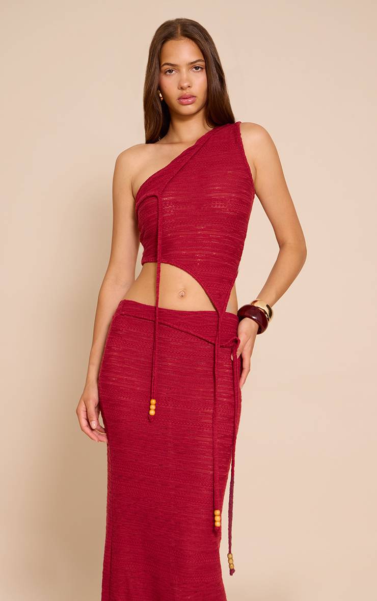 Rouge Top Court Asymétrique À Perles Texturées