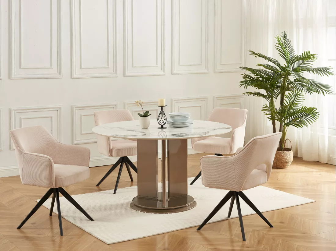 Lot de 6 chaises pivotantes avec accoudoirs en velours côtelé et métal noir - Crème - KONYA