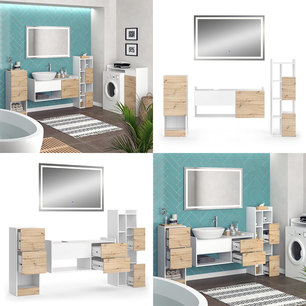 Vicco Badmöbel-Set Alf, Weiß Artisan Eiche, Badezimmer, moderne Badserie, Waschtischunterschrank, LED-Spiegel, Midischrank, Hochschrank