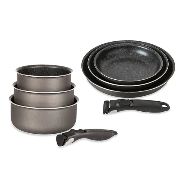 Lot 3 casseroles et 3 poêles anti-adhésives Effet Pierre et 2 manches