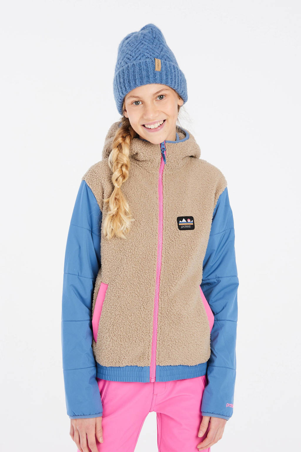 Protest sweatvest lichtbruin/blauw/roze