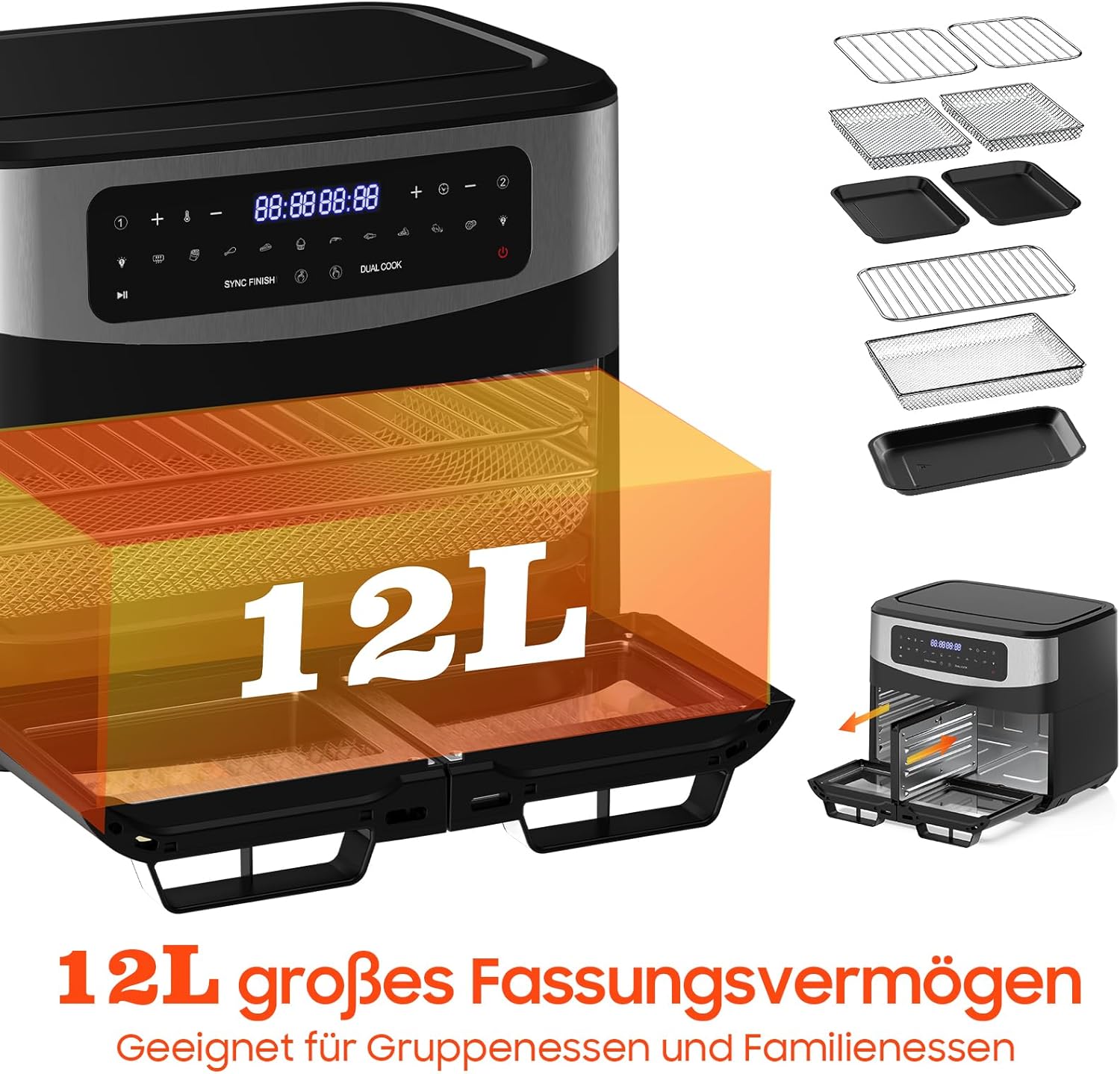 Heißluftfritteuse Dual Zone 12L - XXL Airfryer mit herausnehmbarem Trenner, 2600W Heissluftfritteuse Doppelkammer mit Doppelfenster, 10 Funktionen, Rezepte