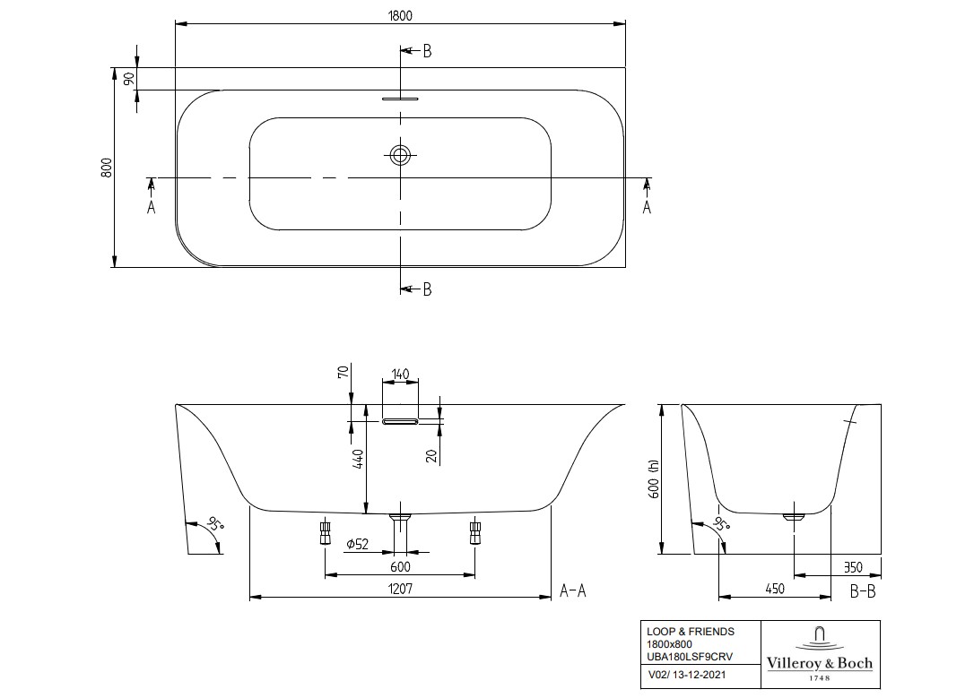 Villeroy & Boch Loop & Friends half vrijstaand ligbad 180x80cm assymetrisch rechts wit