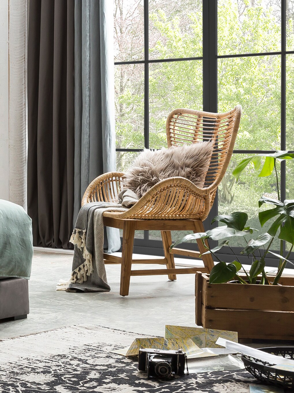 Sessel Rattan natur Relaxchair Relaxsessel Wohnzimmerstuhl Teakholz Stuhl