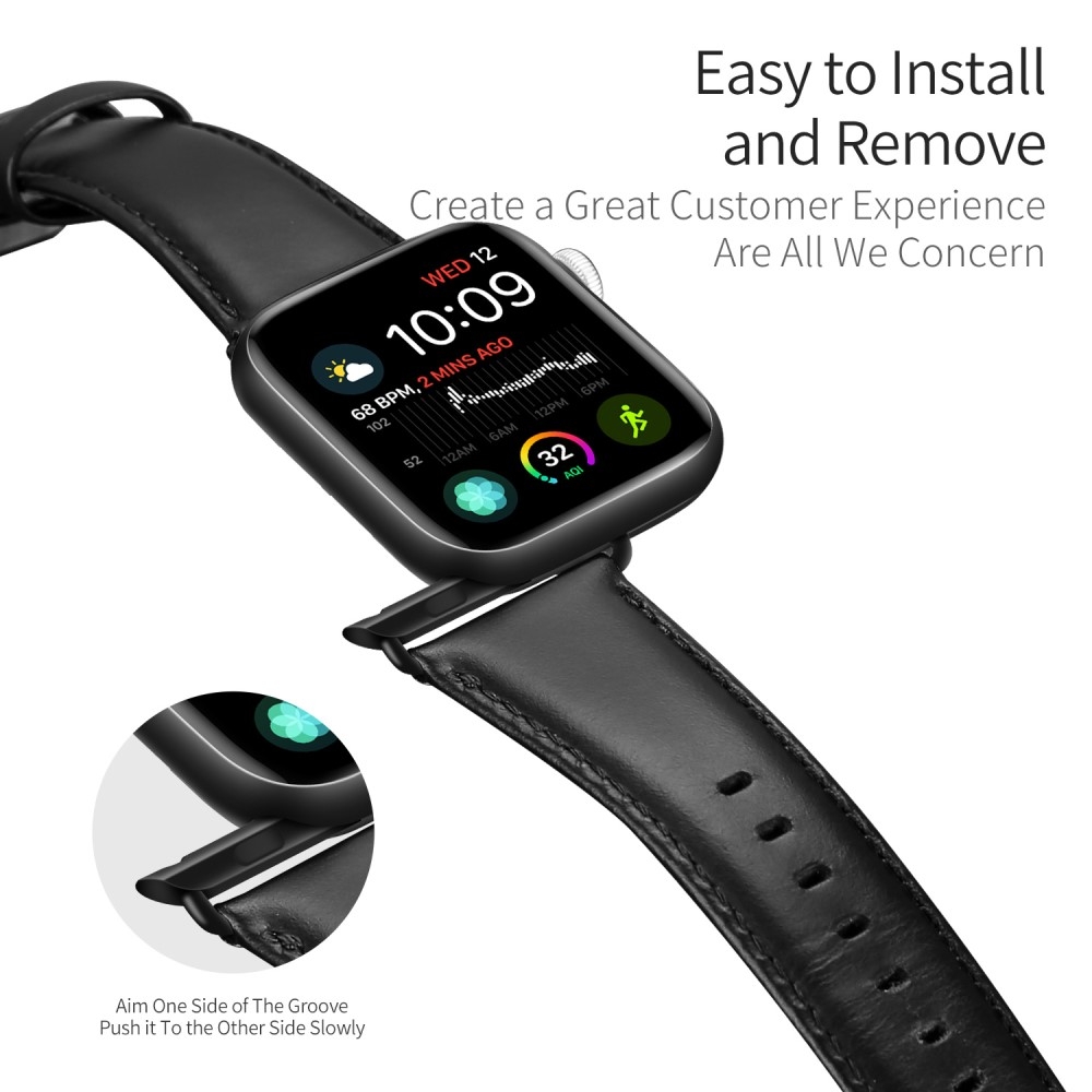 Apple Watch (49/46/45/44 mm) Ersatz Echtleder Armband (Gelenkumfang. 160-220mm) - Schwarz