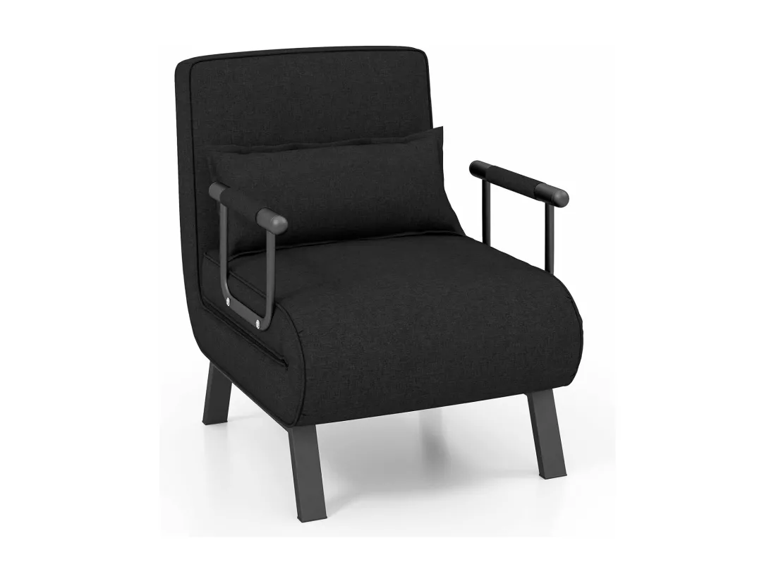 Fauteuil Convertible à Lit 1 Place, Fauteuil de Salon 4-en-1, Dossier Réglable en 6 Positions avec Oreiller, Oreiller, Siège Rembourré, Accoudoirs, Cadre Métal, Canapé-Lit Pliant, Noir