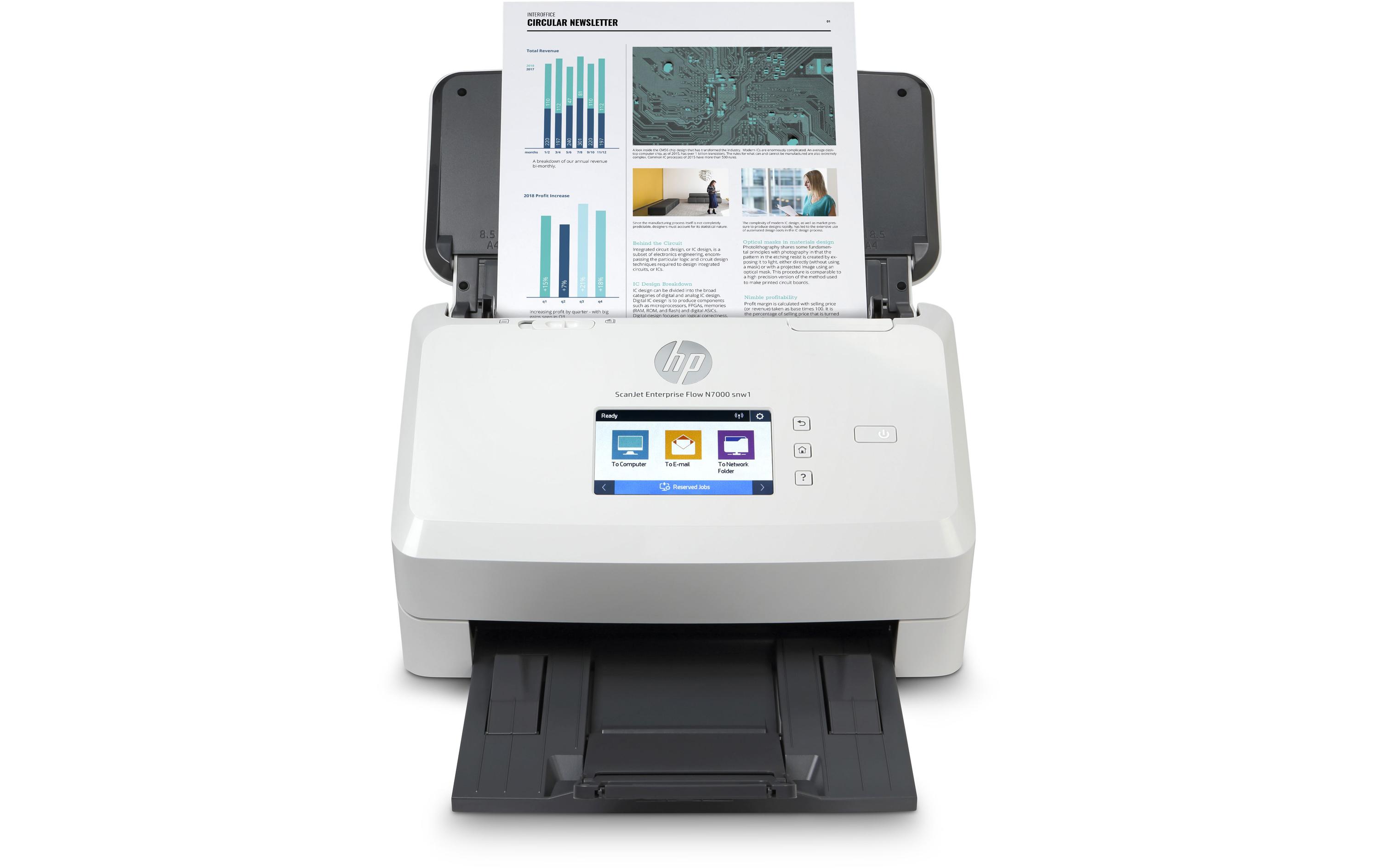 Dokumentenscanner ScanJet Enterprise Flow N7000 snw1<br>Scanner für kleine Unternehmen mit Netzwerkfunktionen sowie Touchdisplay zur Bedienung für Scanvolumen bis zu 7500 Seiten pro Tag