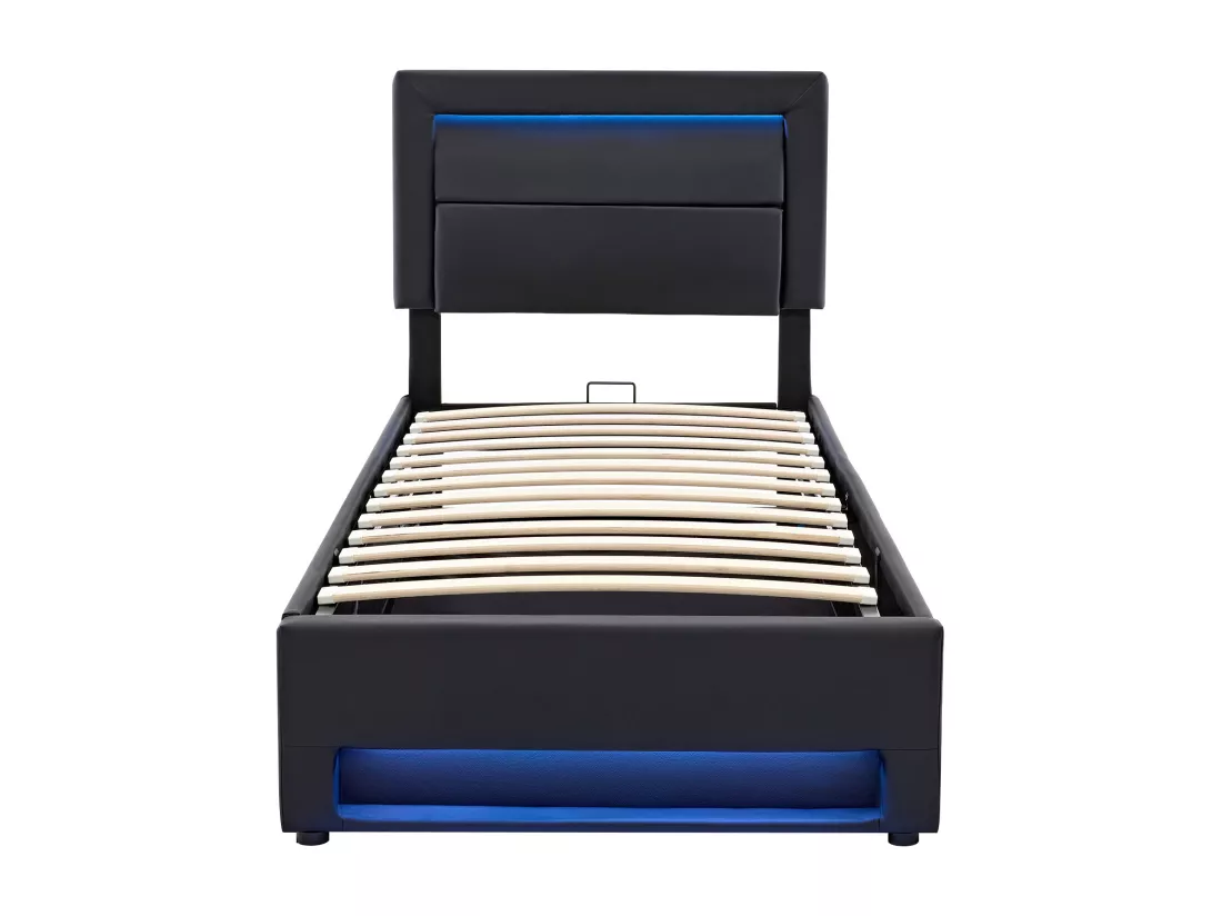 Lit coffre 90 x 200 cm avec tête de lit - Prises USB et LEDs - Cuir PU - Sommier à lattes - Noir(sans matelas)