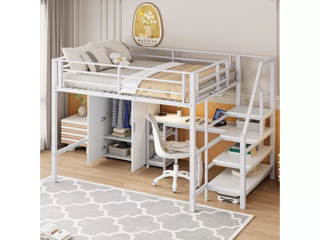 Lit mezzanine 140 x 200 cm avec bureau, armoire et étagères - Métal + MDF - Blanc (sans matelas)