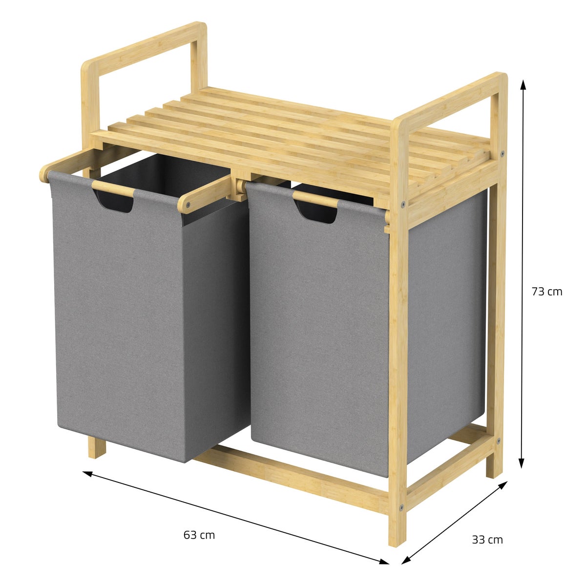 ML-Design Bamboe Wasmand, Grijs, Wasbox met 2 Compartimenten, Wasmand met 2 Uittrekbare Waszakken 60 L, Waskist met Plank, Wassorteerder voor Badkamer, Wasmand met Plank