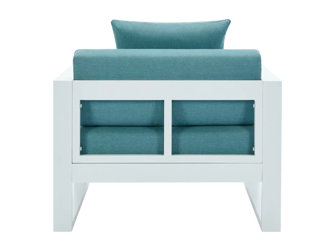 Salon de jardin en aluminium: un canapé 3 places, 2 fauteuils, une table basse - Blanc avec coussins bleus - MOLOKAI de MYLIA