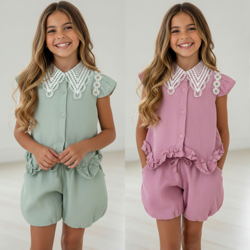 Vintage Lace Collar Set – Groen & Roze (verzenddatum 27 feb)