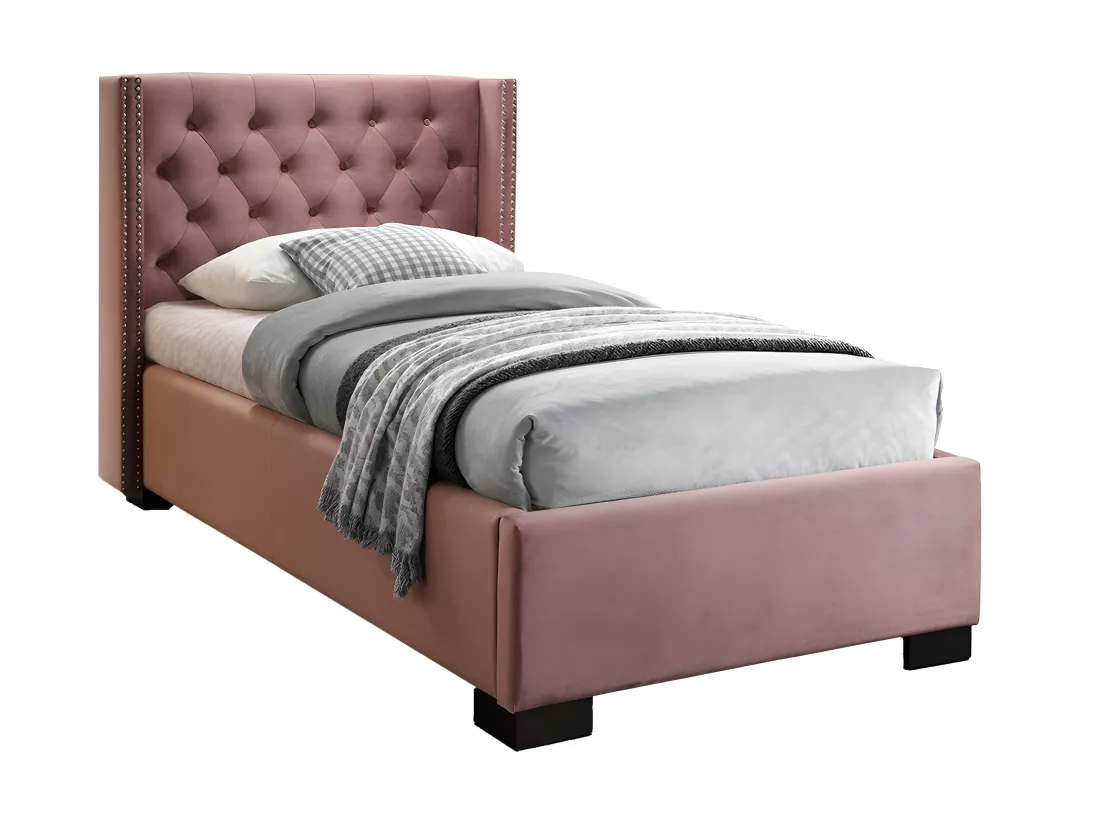 Lit avec tête de lit capitonnée - 90 x 200 cm - Velours rose - MASSIMO II