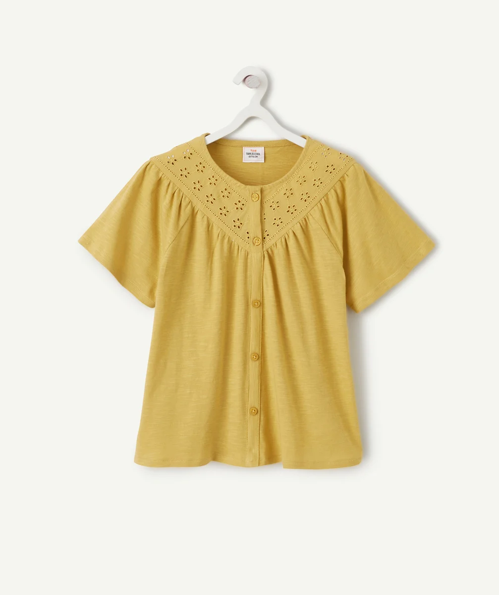 T-SHIRT FILLE EN COTON JAUNE AVEC FRONCES ET DÉTAILS AJOURÉS