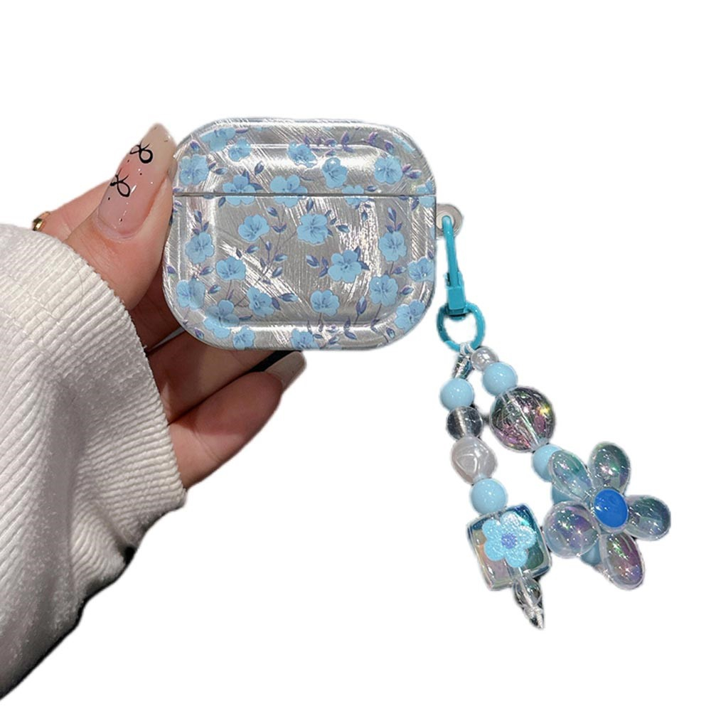 AirPods (3. Generation) Gummi Case Schutzhülle mit Handschlaufe Blumen Design - Blau / Transparent