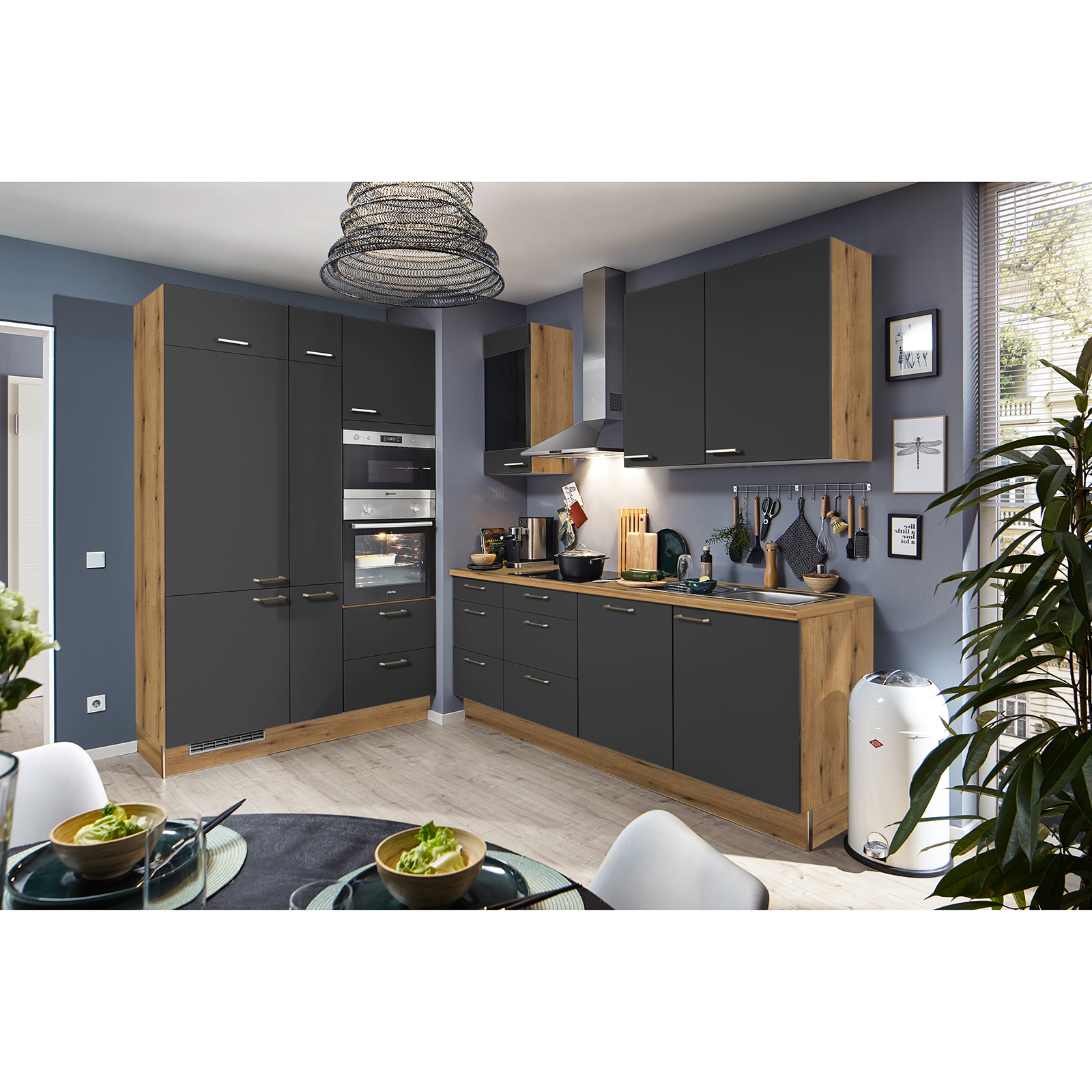 pino Küchenblock PN80 - grafit - Evoke Eiche - mit E-Geräten - Kühlschrank links - 230+150 cm